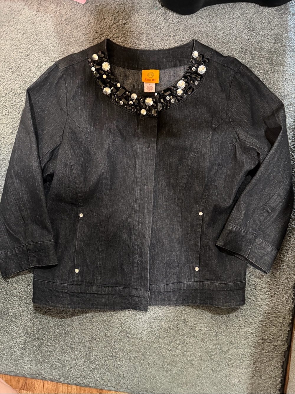 Ruby Rd. Black Embellished Collar Jean Jacket